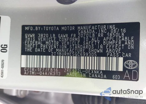 2016 Toyota Corolla Le z USA, uszkodzony, nr VIN 2T1BURHE5GC699305
